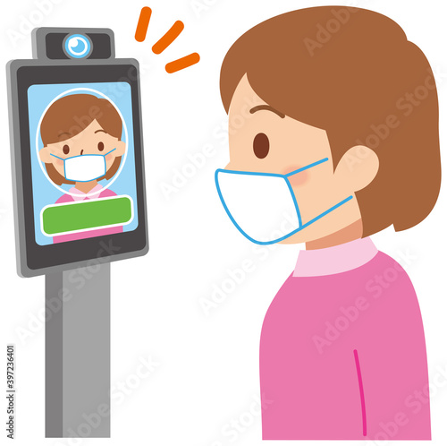 自動検温機で検温する女性