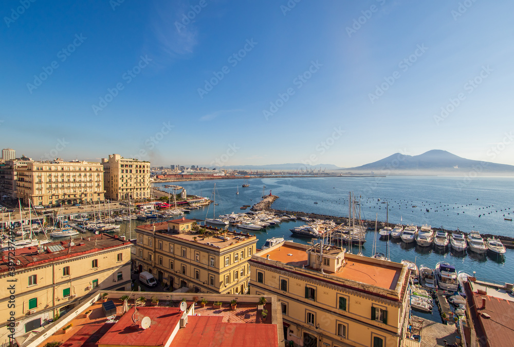 Naples, Italy - one of the most enchanting landscapes in the country, the Gulf on Naples and the Mount Vesuvius are worldwide famous. Here the gulf and the volcano seen from Castel dell'Ovo