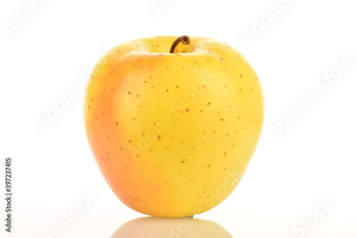 Ripe yellow apple, close-up, isolated on white.