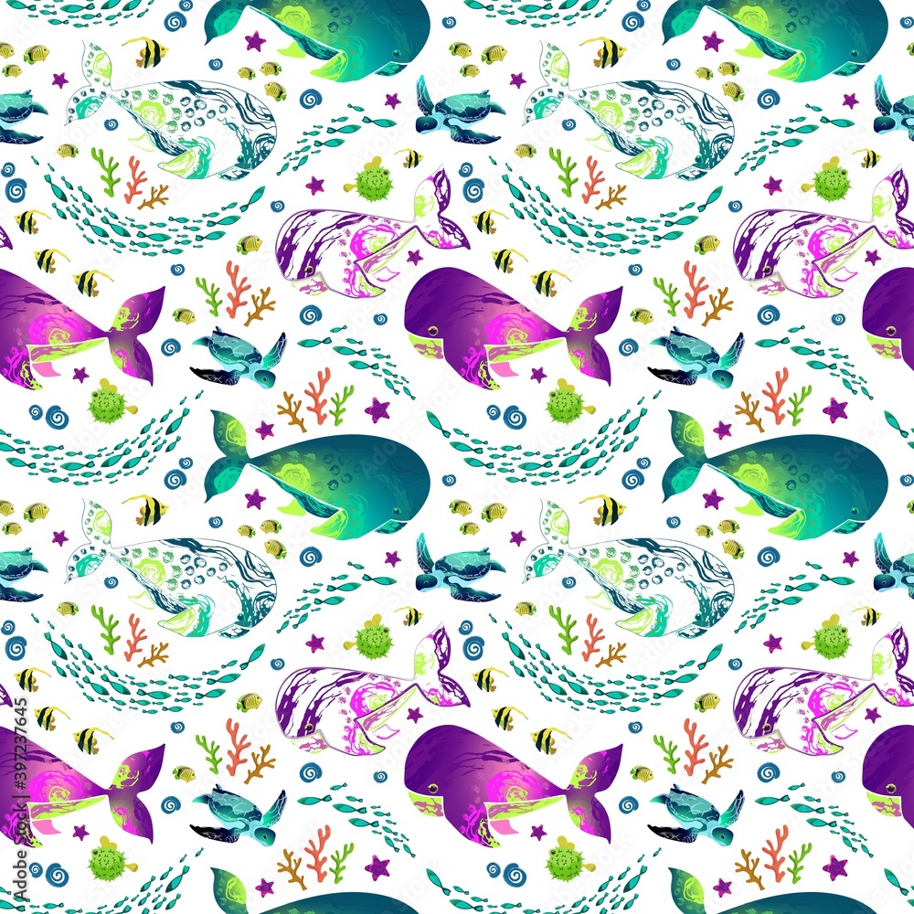 Large colorful whales, schools of fish, turtles, corals, shells, sea fish. The underwater world on a white background. Seamless marine pattern.