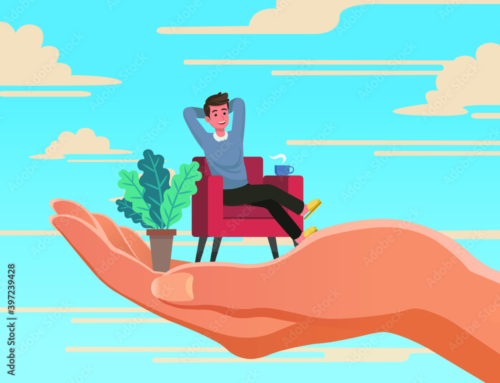 Fototapeta premium Young man relax sit on red sofa on huge open hand image with blue sky background vector illustration.