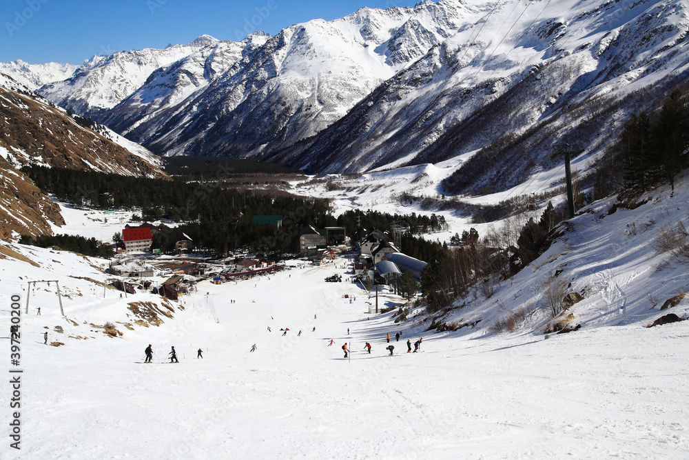 Roll out to the Azau glade from the ski slopes on the slopes of Mount Elbrus, Elbrus region, Caucasus
