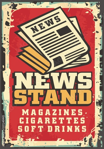News stand commercial sign or billboard graphic design concept. Poster or flyer template for newsstand. Vector retro advertisement.