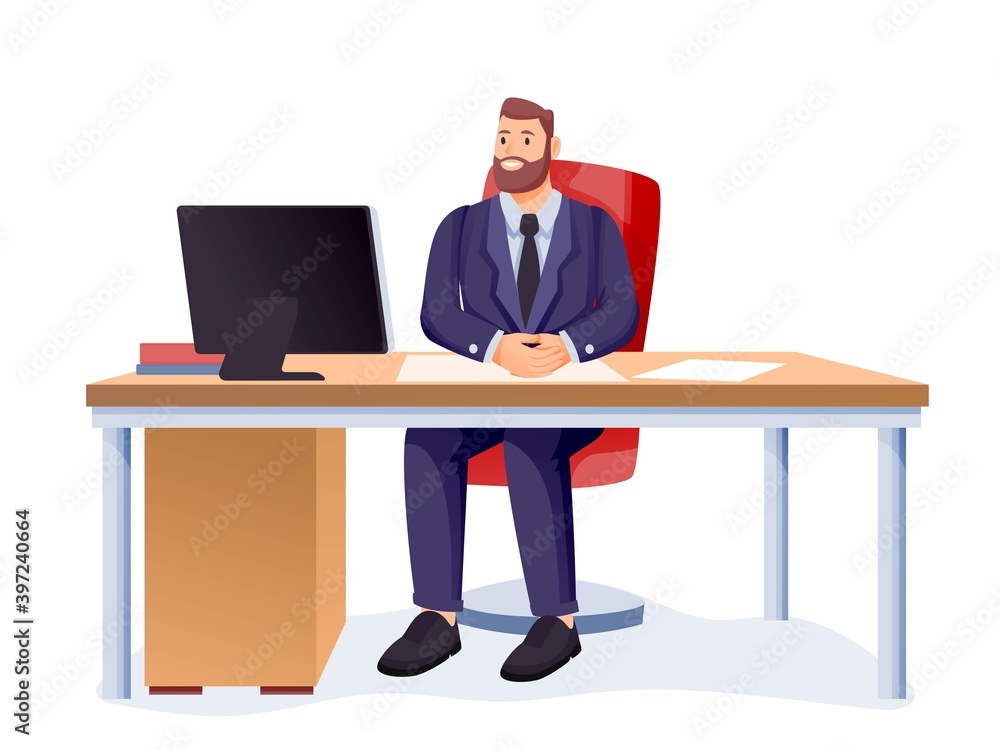 Boss sitting in business office. Happy executive or ceo of company working at desk computer. Corporate workspace vector illustration. Workplace modern interior on white background Boss sitting in business office. Happy executive or ceo of company working at desk computer. Corporate workspace vector illustration. Workplace modern interior on white background