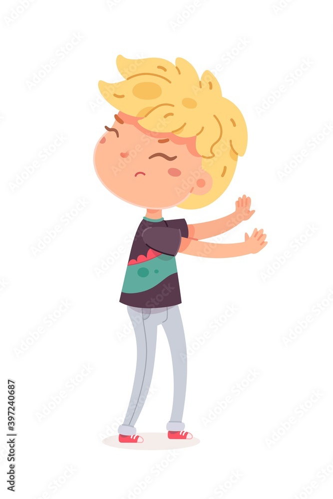 Sad angry boy standing and fighting. Frustrated child with dislike face expression. Negative emotion and distress vector illustration. Cute little kid in bad mood on white background Sad angry boy standing and fighting. Frustrated child with dislike face expression. Negative emotion and distress vector illustration. Cute little kid in bad mood on white background