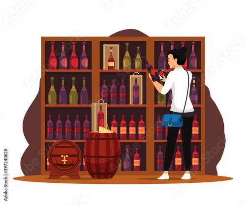 Girl choosing bottle of wine in shop with app. Drinking alcoholic beverage vector illustration. Woman looks at shelves with bottles, takes photo on phone, app finds wine after scan