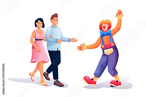Couple looking at clown show at amusement park. Holiday and vacation recreation vector illustration. Young funny man working in costume isolated on white background. Romantic date