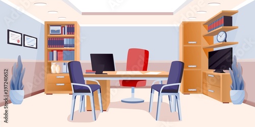 Modern office of boss interior design background. Room for work with chairs, table with computer monitor, cupboard with books and documents, plants, tv. Area for working vector illustration