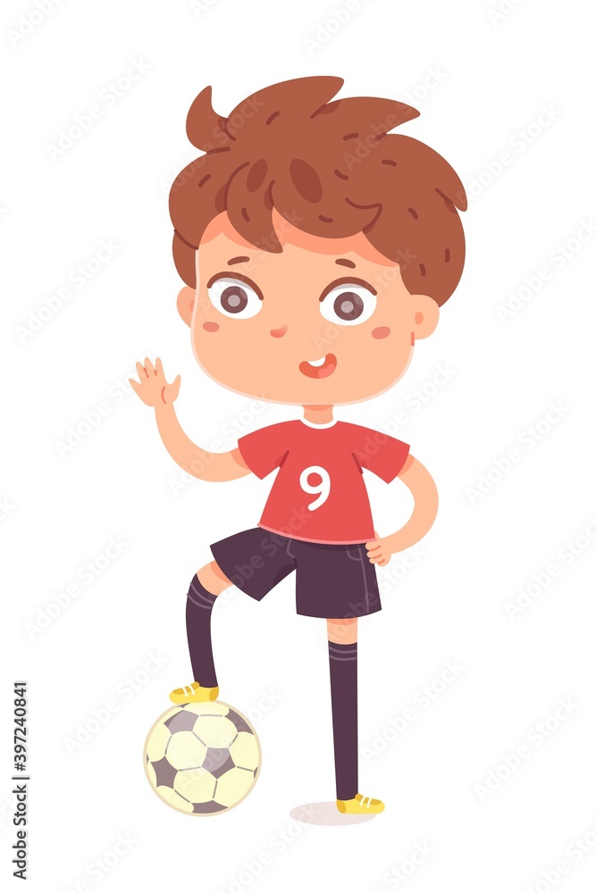 Boy standing and waving with ball under foot at football practice. Happy little kid playing sport in uniform vector illustration. Smiling child with ball on floor on white background Boy standing and waving with ball under foot at football practice. Happy little kid playing sport in uniform vector illustration. Smiling child with ball on floor on white background