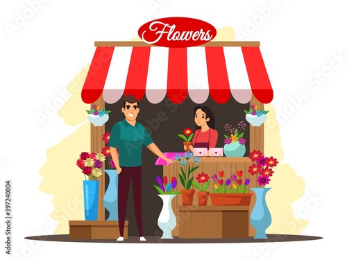 Woman seller sells flower bouquet in street shop. Buyer buys flowers. Seasonal outdoor local farm market. Vector concept of retail business, small business, private enterprise, healthy food.