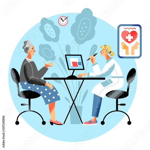 Elder patient checking health in hospital, doctor listening. Healthcare and assistance vector illustration. Senior woman sitting in chair talking, physician with pen. Old person visits doctor