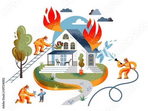Firefighters saving people from house on fire. Rescuing people from burning building. Fire department emergency vector illustration. Staircase to woman, man with hose, giving toy to child