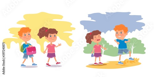 Good children going to school versus bad kid set. Angry boy ruining sand castle, girl crying. Small kids walking to school, boy helps carry backpack. Manners and behavior vector illustration
