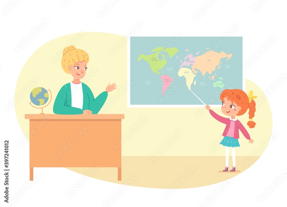 Woman teaching geography lesson in class, girl answering. Teacher in education vector illustration. Young woman sitting at desk, student pointing at map with countries and oceans Woman teaching geography lesson in class, girl answering. Teacher in education vector illustration. Young woman sitting at desk, student pointing at map with countries and oceans