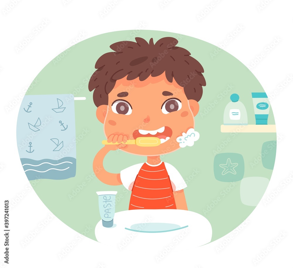 Boy brushing teeth standing near sink with tap in bathroom. Everyday mouth hygiene routine. Cartoon child character. Vector flat illustration. Boy brushing teeth standing near sink with tap in bathroom. Everyday mouth hygiene routine. Cartoon child character. Vector flat illustration.