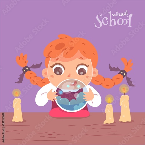Kid in school of magic at class looking at ball. Girl with magic ball and candles in classroom vector illustration. Harry Potter style fantasy world. Room interior design in candlelight