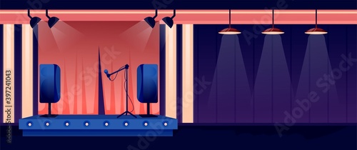 Night bar or pub background. Counter, stools, stage with microphone in spotlight. Horizontal panorama vector illustration. Modern interior design