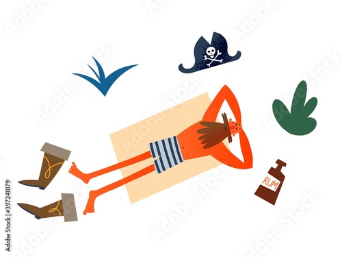 Happy pirate lying on beach resting. Sailor with beard, bottle of rum, piratic hat and boots nearby isolated on white background. Adventure and marine piracy vector illustration