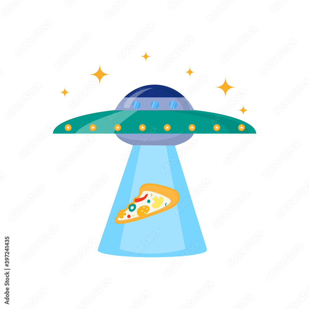 UFO, starry sky and a pizza being hijacked. Vector illustration UFO, starry sky and a pizza being hijacked. Vector illustration