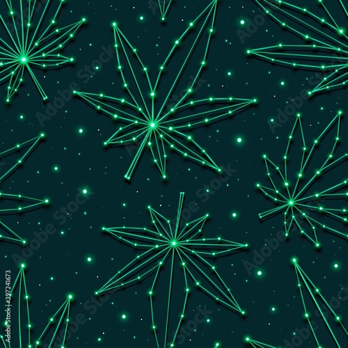 Weed background. Seamless pattern with marijuana leaves. Neon glowing cannabis background.