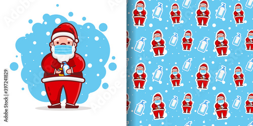Christmas Cute Santa Cartoon Pattern Wear Mask Using Hand Sanitizer Background For Wrapping Paper