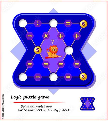 Mathematical logic puzzle game for smartest. Magic triangle. Solve examples and write numbers in empty places. Printable page for brain teaser book. Memory training exercises for seniors.