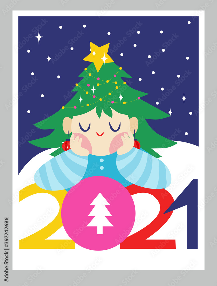 Christmas greeting or invitation card. Cute girl in christmas costume. New year. 2021. Lettering 2021. Banner, poster template. Flat design.