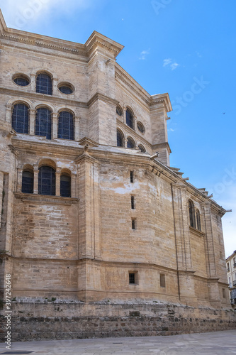 View of South facade of Cathedral of Malaga. Renaissance Cathedral - Roman Catholic Church in the city of Malaga, constructed between 1528 and 1782. Malaga, Costa del Sol, Andalusia, Spain.