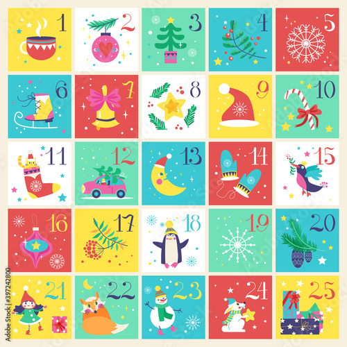 Christmas advent calendar. Winter holidays poster with cute animals, socks, snowflakes. Vector illustration