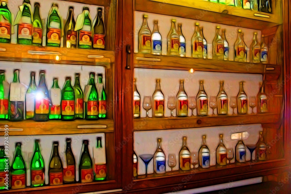 Digital painting representing a showcase full of bottles Digital painting representing a showcase full of bottles