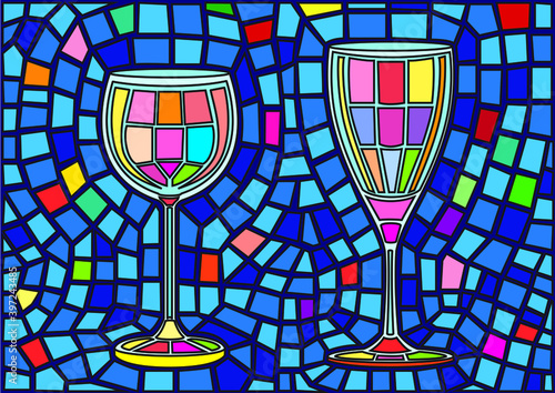 champagne glass and wine glass isolated stained glass background illustration vector