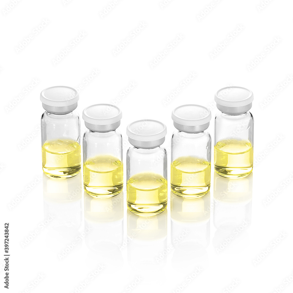Medical clear glass vial for vaccination. Medicine bottle for injection isolated on white background. Medical clear glass vial for vaccination. Medicine bottle for injection isolated on white background.