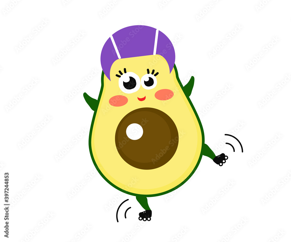 Obraz premium Funny avocado on rollers. Cartoon. Vector illustration.