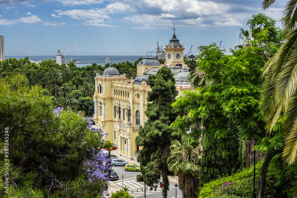 Beautiful richly-decorated Neo-baroque style Malaga City Council building. View from Gibralfaro castle. Malaga, Costa del Sol, Andalusia Spain.