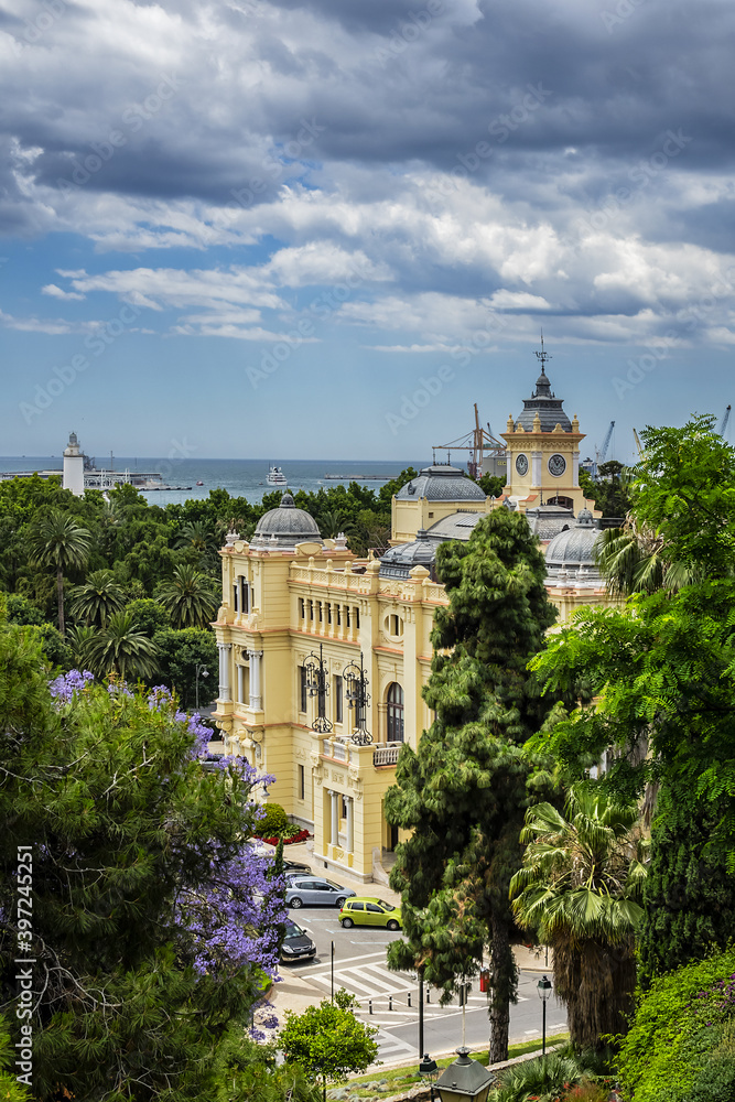 Beautiful richly-decorated Neo-baroque style Malaga City Council building. View from Gibralfaro castle. Malaga, Costa del Sol, Andalusia Spain.