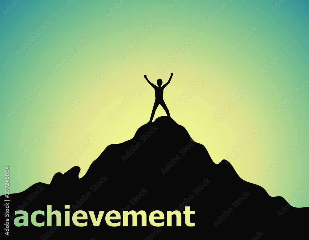 achievement concept, silhouette of a person on a mountain, vector illustration 