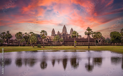 Angkor Wat main temple reflected in the water in a beautiful summer sunrise. Cambodia © unai