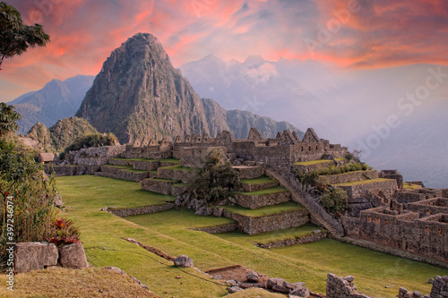 Beautiful surroundings of the interior of Machu Picchu in a beautiful summer sunrise, Peru