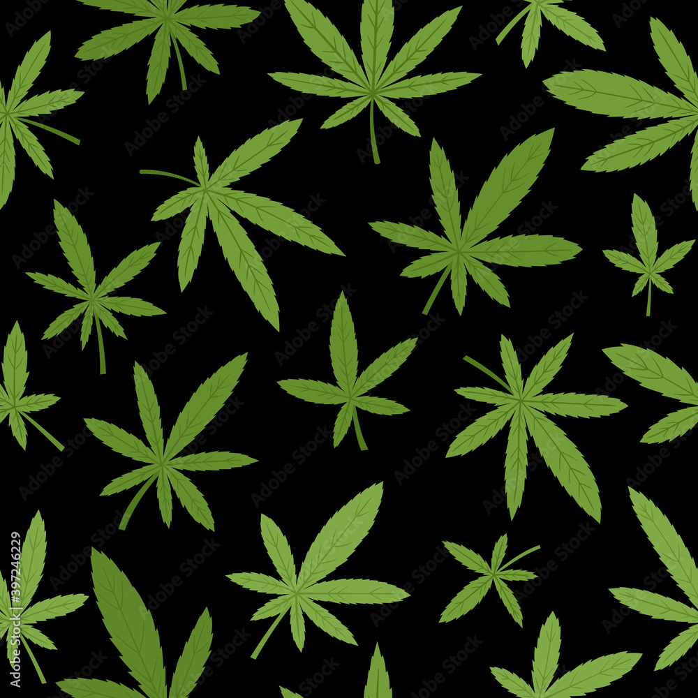 Vector seamless pattern with cannabis leaves on black background.