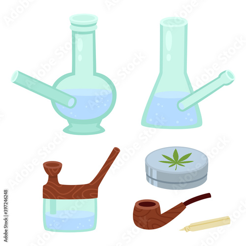 Vector set of glass bongs and pipe for smoking cannabis