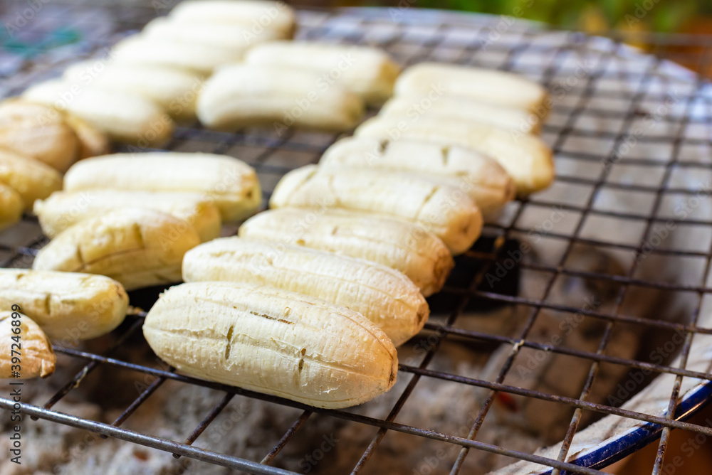 charcoal baked bananas, Asian cuisine, traditional village food in Koh