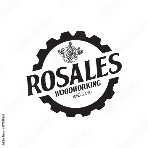 Rosales woordworking logo with gear and rose template