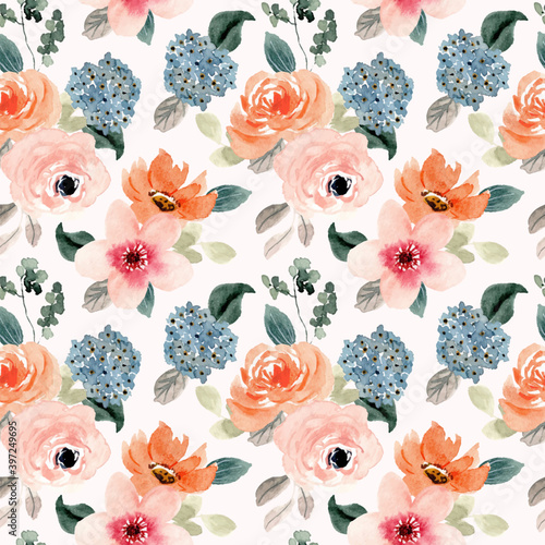 lush peach blue flower watercolor seamless pattern