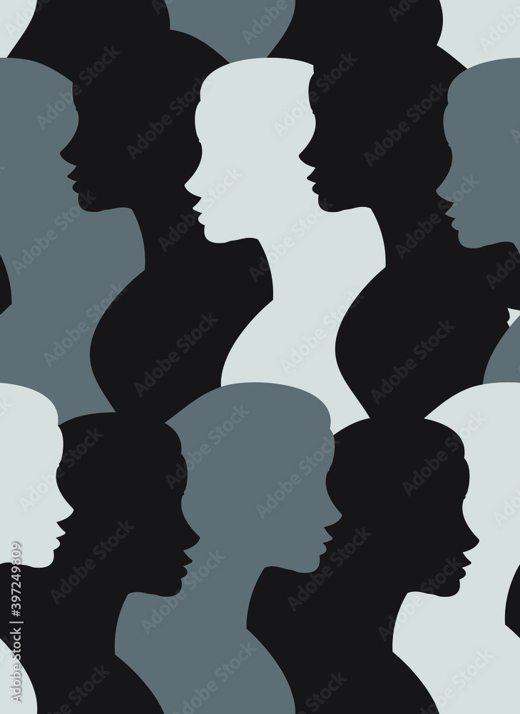 Vector seamless pattern of flat woman profile silhouette isolated on background