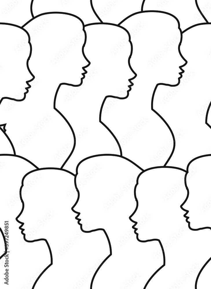 Vector seamless pattern of flat outline woman profile silhouette isolated on white background