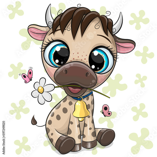 Cartoon little bull on a white and green background