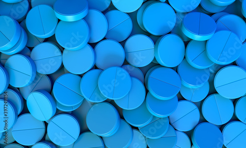 Blue pills. Medicine pills on background. Top view on pills The cure for the virus. Pills with Vitamins or Bio Supplements. 3d illustration.
