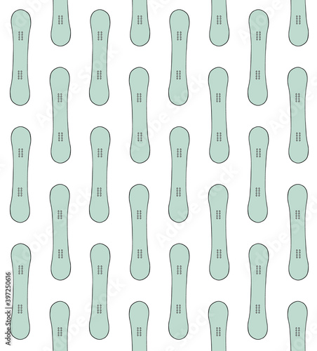 Vector seamless pattern of mint colored hand drawn doodle sketch snowboard board isolated on white background