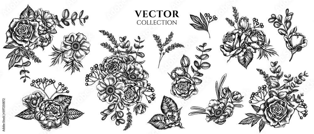 Flower bouquet of black and white roses, anemone, eucalyptus, lavender, peony, viburnum