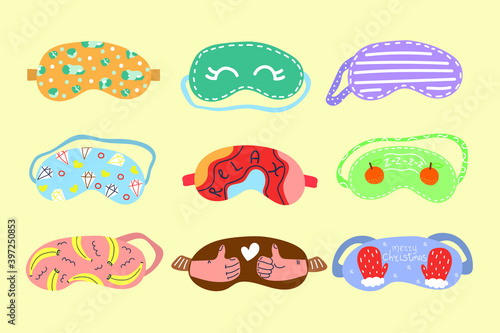 Big Hand drawn set of eye sleeping mask with modern print. Flat illustration.